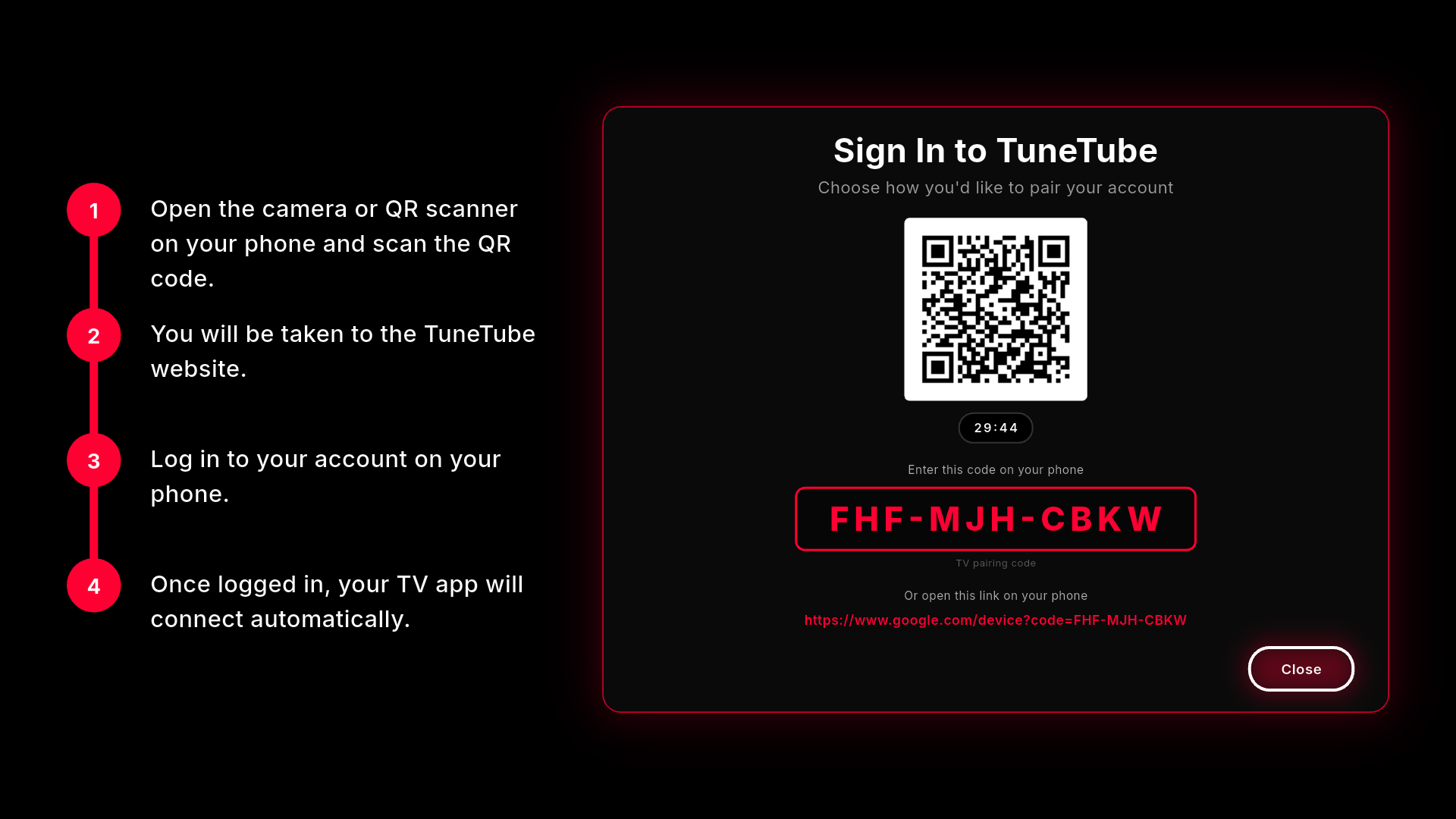 TuneTube sign-in and device pairing screen