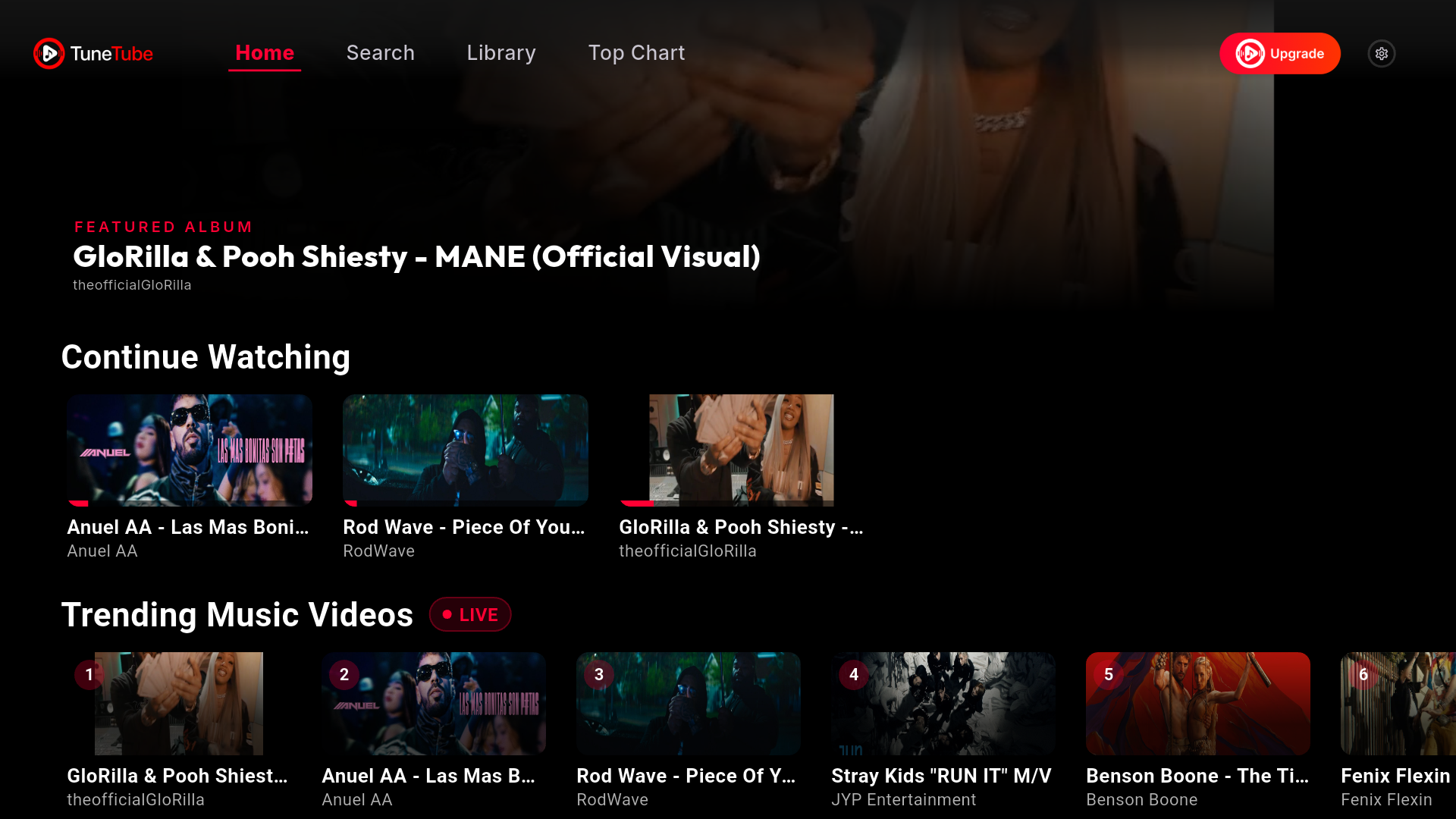 TuneTube home screen — main screen after login